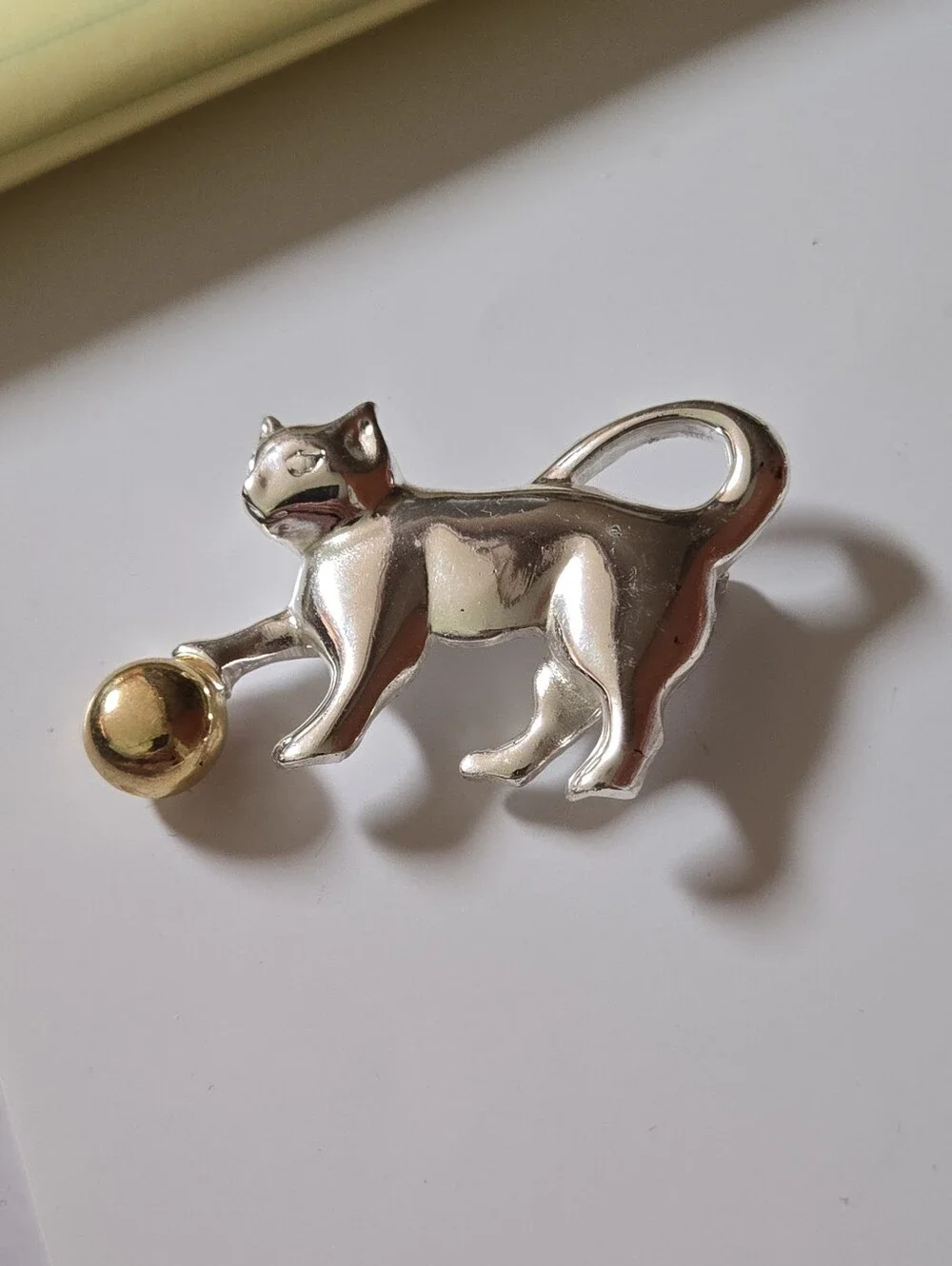 Cool Cat Brooch Silver Tone Cat With Gold Ball Brooch Cat Lady Jewelry